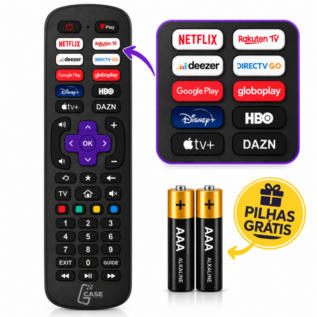 Controle Remoto Compatível Roku TV Smart TCL Semp Philco AOC Britânia 4K LED Netflix Prime Video Disney+ Sem Programação