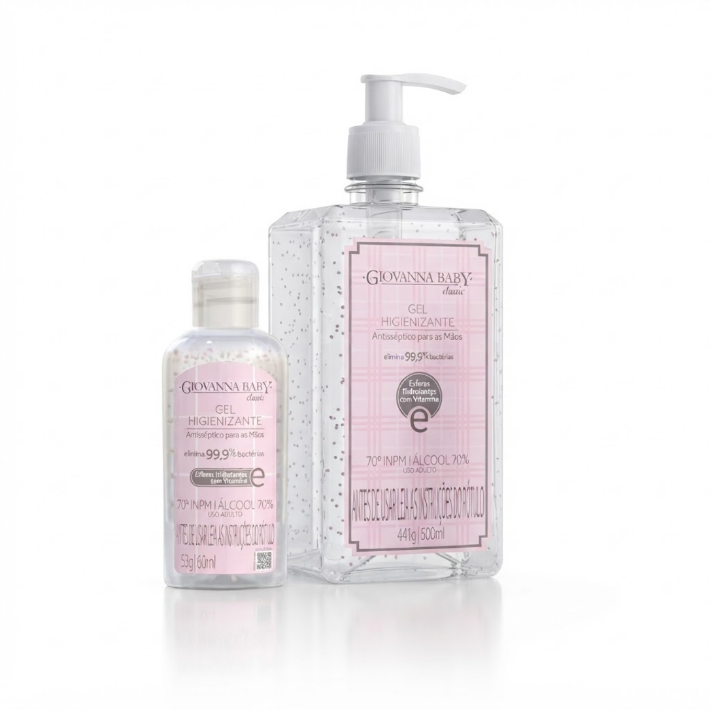 Kit Álcool em Gel Giovanna Baby 70% | Rosa | 500ml + 60ml | Higienizador Antisséptico de Bolsa