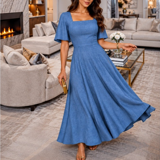 Vestido Evangélica Longo  Elegante Com  Manga Duna