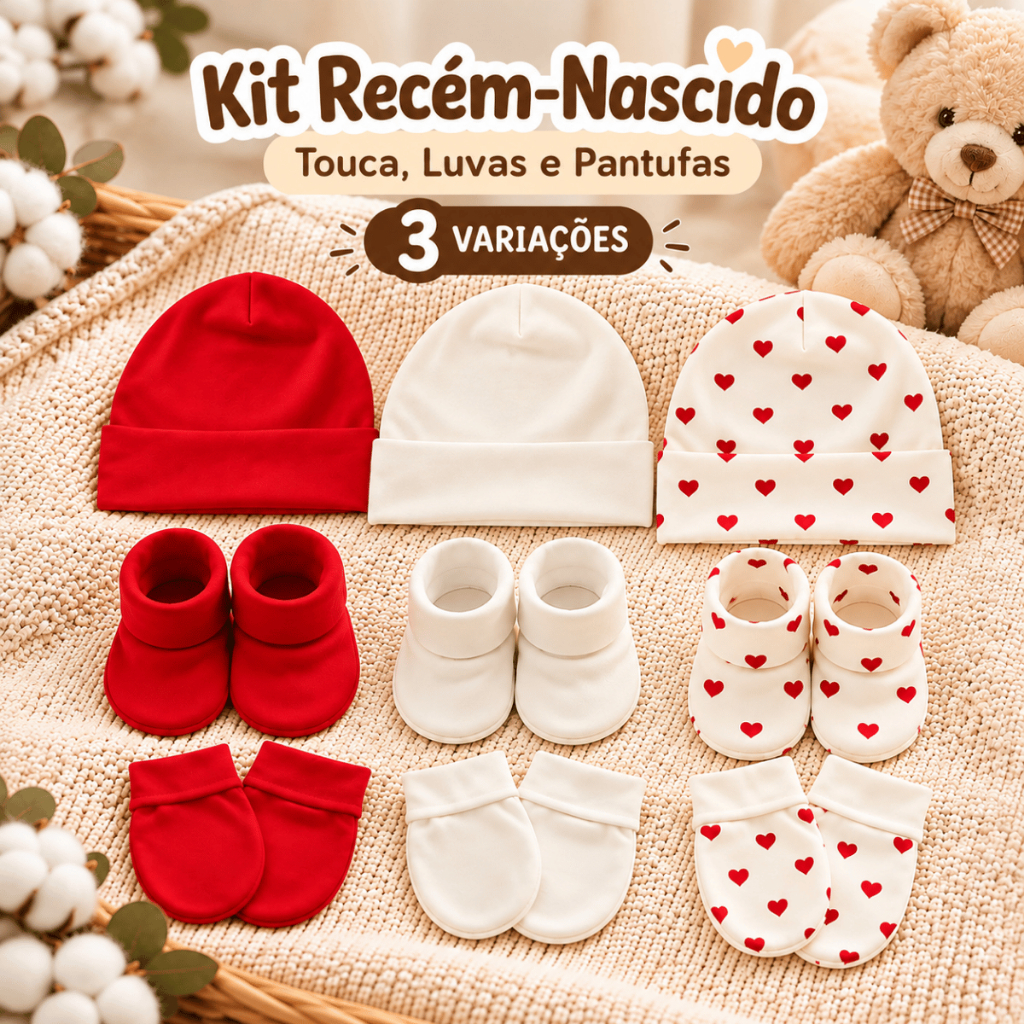 Kit Touca Luvas e Pantufas Enxoval Bebê Maternidade Menina 9 peças em Suedine Premium