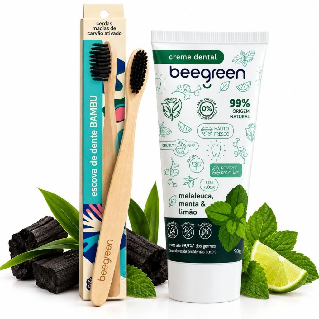 Kit Higiene Bucal Natural Beegreen Escova Bambu Creme Dental
