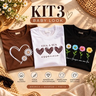 Kit 3 Baby Look Feminina 100% Algodão Estampada Camiseta Feminina Básica Confortável