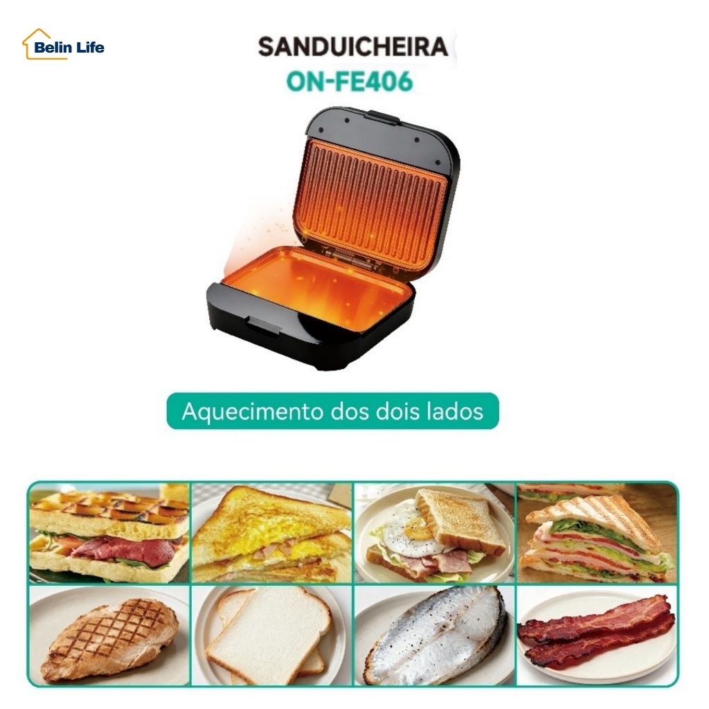 Sanduicheira Elétrica Antiaderente Preto 800W Termostato Modelo ON-FE406 127V ou 220V
