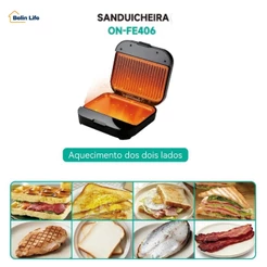 Sanduicheira Elétrica Antiaderente Preto 800W Termostato Modelo ON-FE406 127V ou 220V