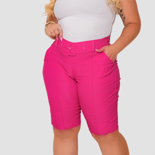 Bermuda Feminina Plus Size Social Alfaiataria Bengaline Premium + Cinto Bolso Super Confortavel Reduz Pochete 40 Ao 52