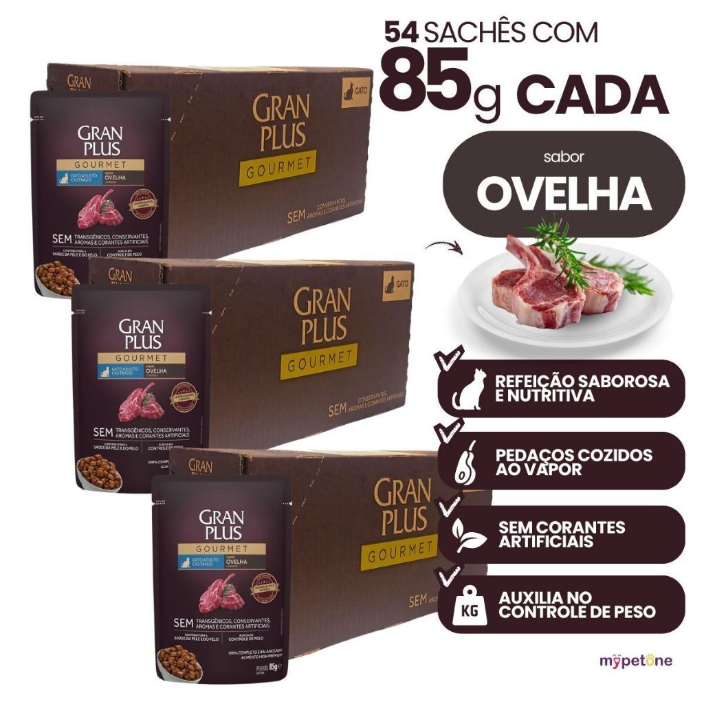 Ração Úmida Sachê GranPlus Gourmet Sabor Ovelhas Gatos Castrados Caixa 18, 36, 54 Ou 72 Unidades