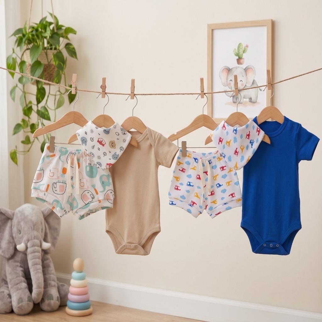 Kit 2 Conjuntos Dia-a-dia Bebe Verão Menino Short, Body E Babador Bandana Estampas Variadas Malha Algodão
