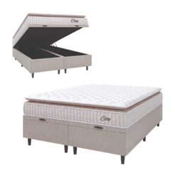Cama Box Colchão Baú Casal Queen Molas Ensacadas City Pillow Top 158x198x64cm Branco / Bege Hellen