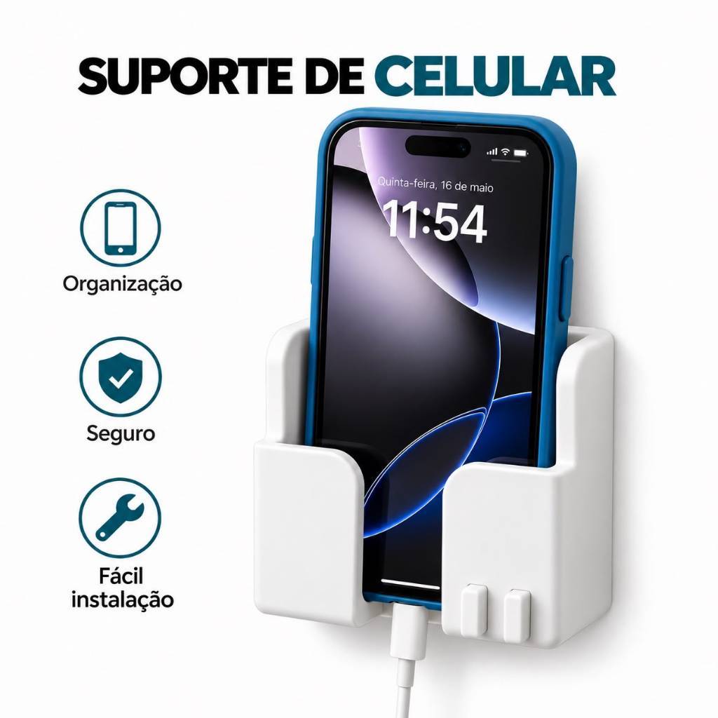 Suporte de Celular de Parede Branco com Passagem para Cabo Organizador para Carregamento Smartphone
