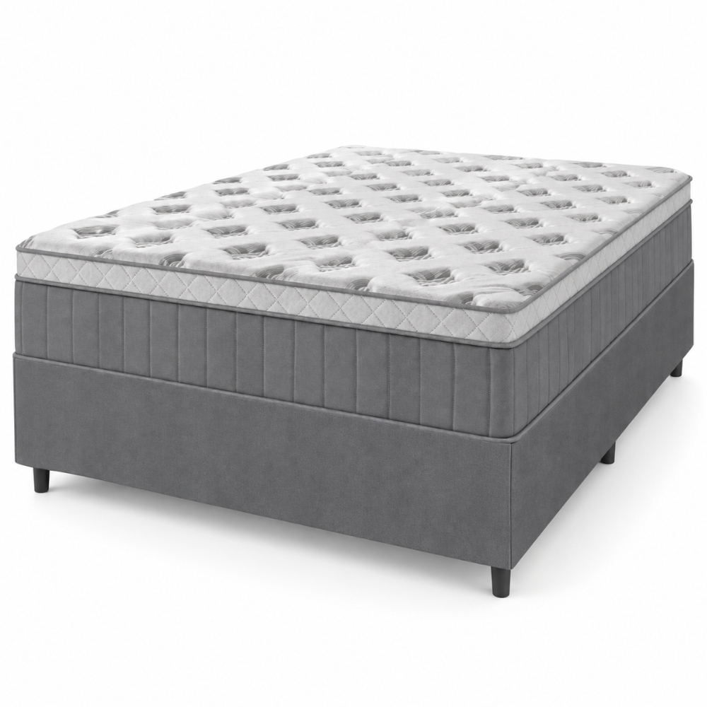 Cama Box Casal Queen Colchão Molas Ensacadas Ômega 158x198x70cm Cinza / Branco Hellen - Suporta até 110kg por Pessoa