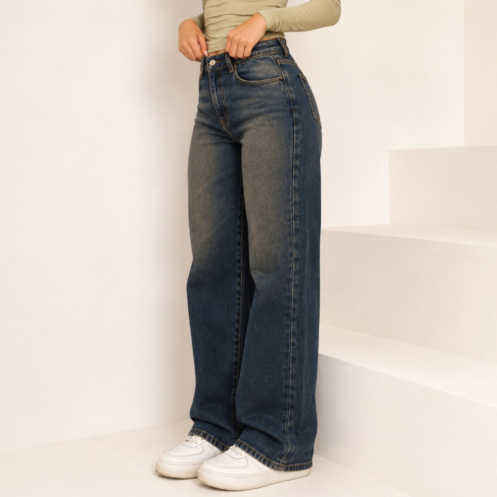 Calça Wide Leg Jeans Feminina Black Marmorizada Cós Alto 100% Algodão Premium SOBRETINTO CARAMELO SUJINHA