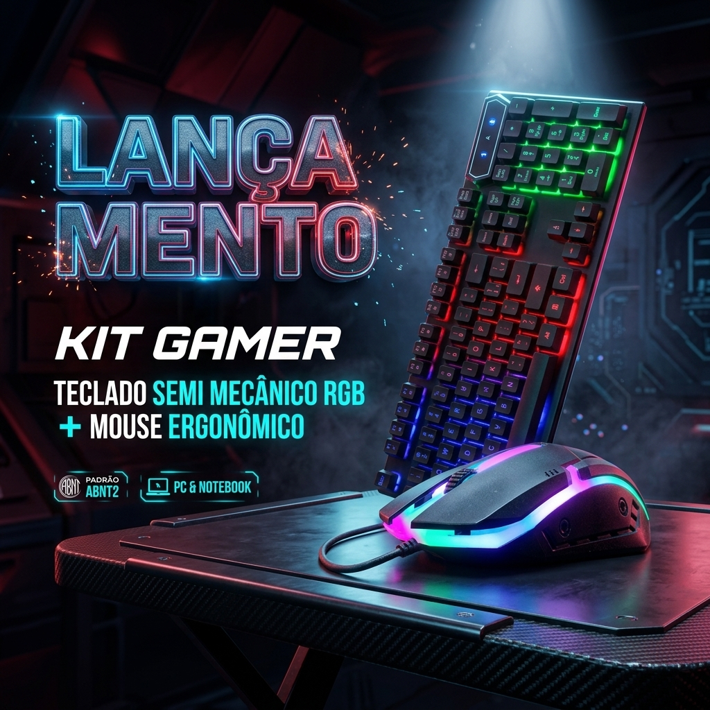 Kit Gamer Teclado Semi Mecânico RGB LED ABNT2 + Mouse Gamer Ergonômico PC Notebook