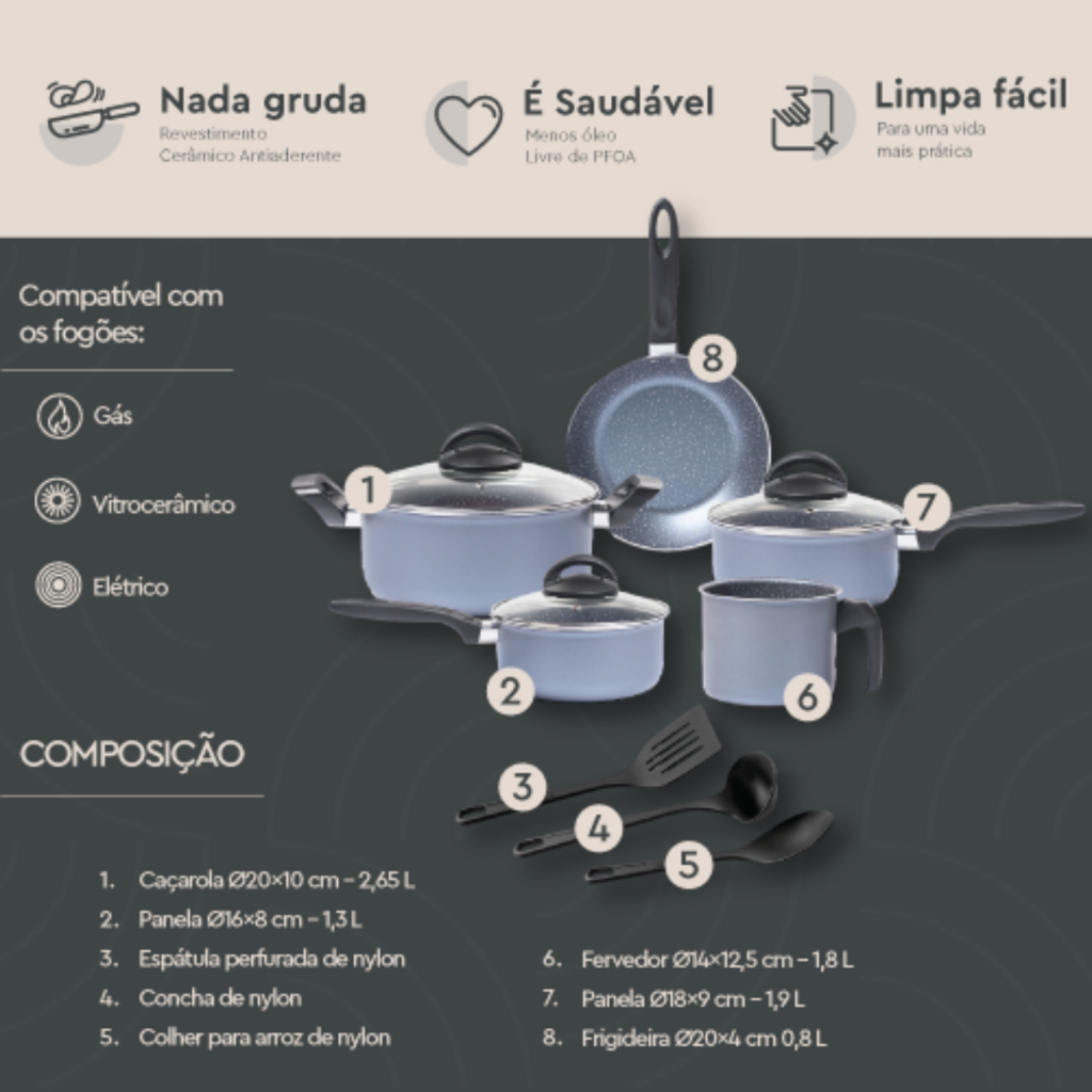 Jogo de Panelas Brinox Antiaderente Ceramic Life 8 peças Suprema Jeans · foto 2