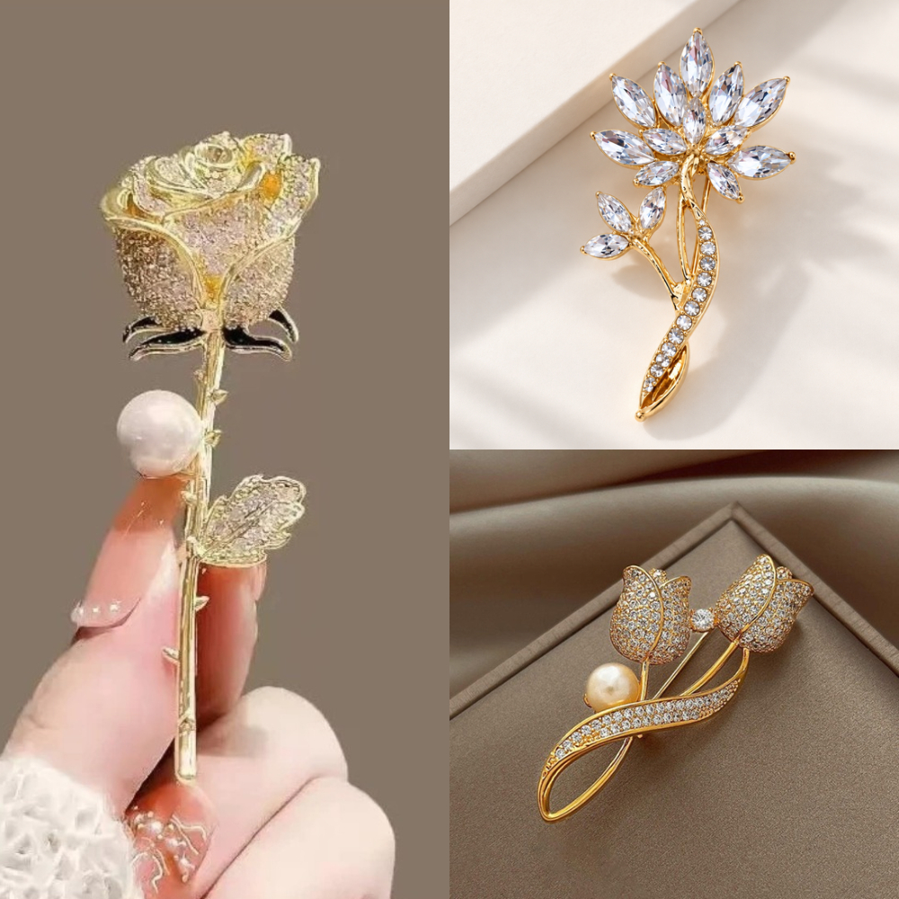 Broche Feminino Flor Rosa Tulipa Strass Pérola Semijoia Luxo Casamento Blazer Bottons Pin Broches