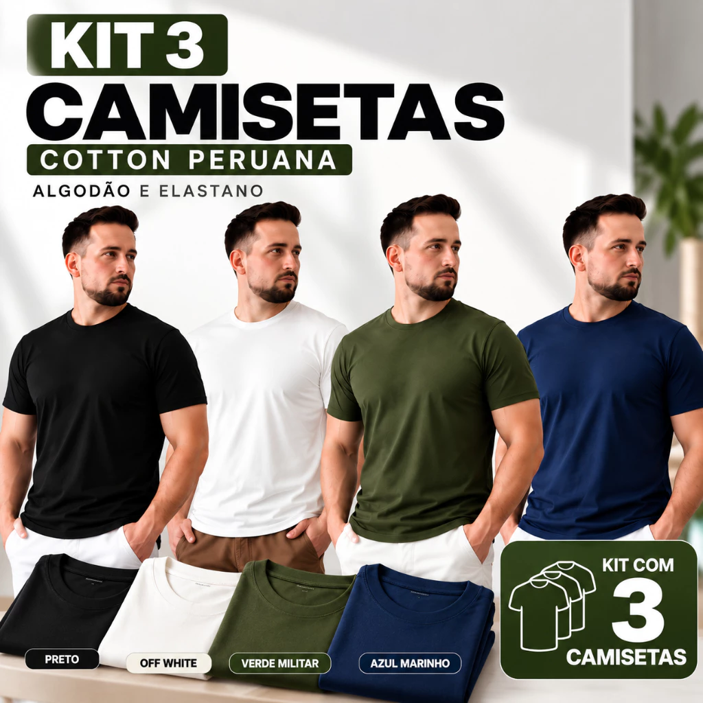 Kit 3 Camiseta Cotton Peruana Masculina Lisa 100% Algodão Casual