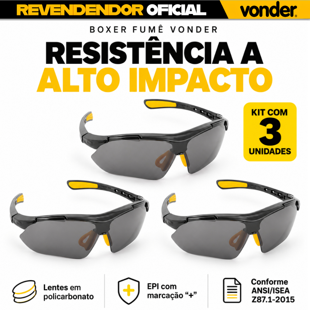 Kit 3 Óculos De Segurança Fumê Trabalho Epi Vonder Anti Risco Modelo Boxer Proteção CA — imagem 2 de 2