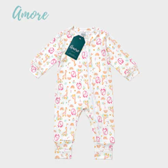 Macacão de Bebê Longo Amore Vira Pé Elefantinha Rosa Com Zíper 100% Algodão