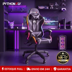 Cadeira Gamer Reclinável RGB LED com Controle, Ergonômica, Giratória, Suporta 150kg, Estofado PU Reclinável Estofado