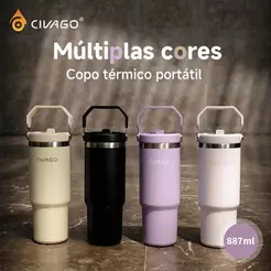 CIVAGO Garrafa Térmica Portátil 887ml Aço Inox BPA Free Antivazamento com Tampa Canudo e Alça Stanley Quente/Frio