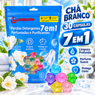 LUABLOOM Sabão em Cápsulas 30un Chá Branco 7 em 1 Detergente Lava Roupas Perfumado para Máquina de Lavar Roupas em Casa