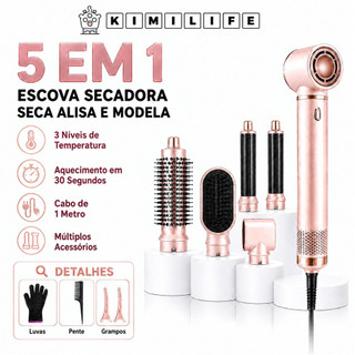 Escova Secadora 5 em 1, 3 Temperaturas, Aquecimento 30 Segundos, Seca, Alisa, Modela Cachos e Dá Volume, Presente Ideal