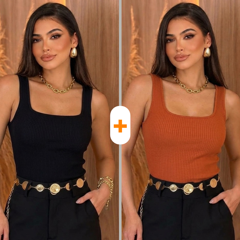 Kit 2 Regatas Feminina Decote Quadrado Canelada Blusinha Básica Alça Larga Elegante Casual Confortáve