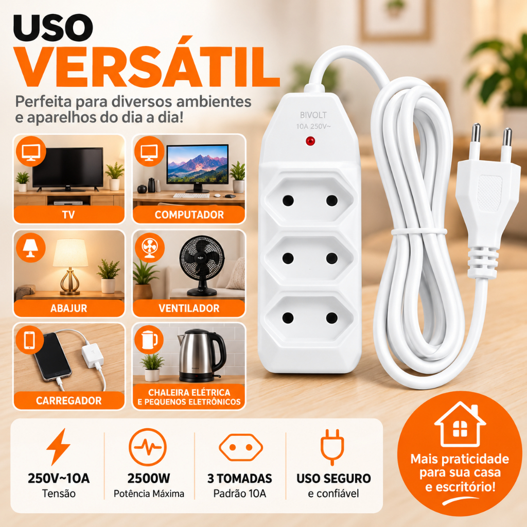 Adaptador De Tomada Benjamin 6 Em 1, 3 Tomadas 2P+T, 2 USB E USB-C, Bivolt 110–250V, 10A, Até 2500W