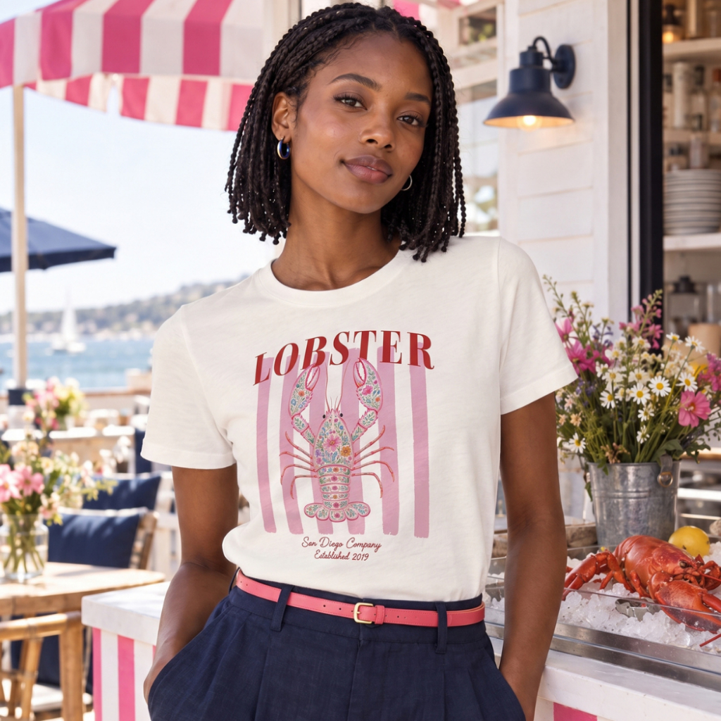 Camiseta Feminina Algodão Estampada Lagosta Praia Look Casual Estilosa Despojado