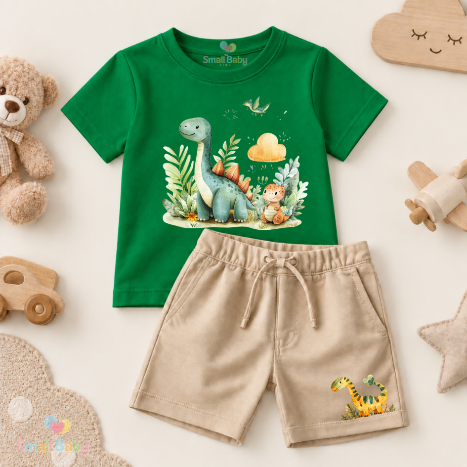 Conjunto Camiseta e Short Moletinho Bebê Dino Dinossauros Animais Menino Verão Estiloso