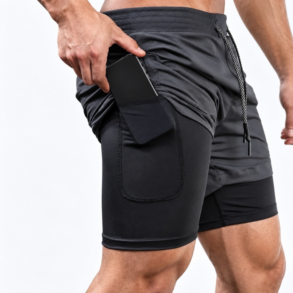 Short masculino academia Duplo 2 Em 1 Para Corrida Bolso Secreto Interno Proteção Uv20+ com compressão