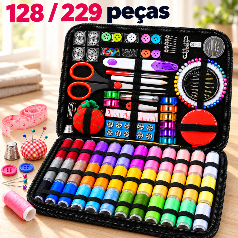 Kit de Costura Completo 128/229 Peças Estojo Portátil para Casa Viagem e Emergência