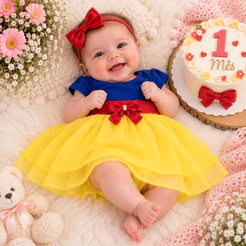 Vestido Temático Branca de Neve Bebê | Roupa Princesa para Recém-Nascida + Mesversário e Fotos