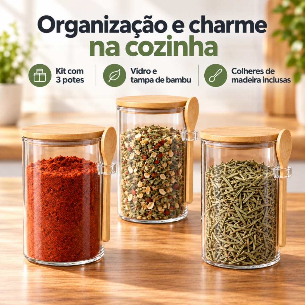 Kit 3 Potes Temperos Redondo Porta Mantimentos Condimentos Vidro Hermético Tampa Bambu Colher 300ml