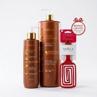 Fattore Kit Cachos Óleos Africanos Creme Modelador 1L + Gelatina Líquida 300ml + Escova  - Cachos Definidos