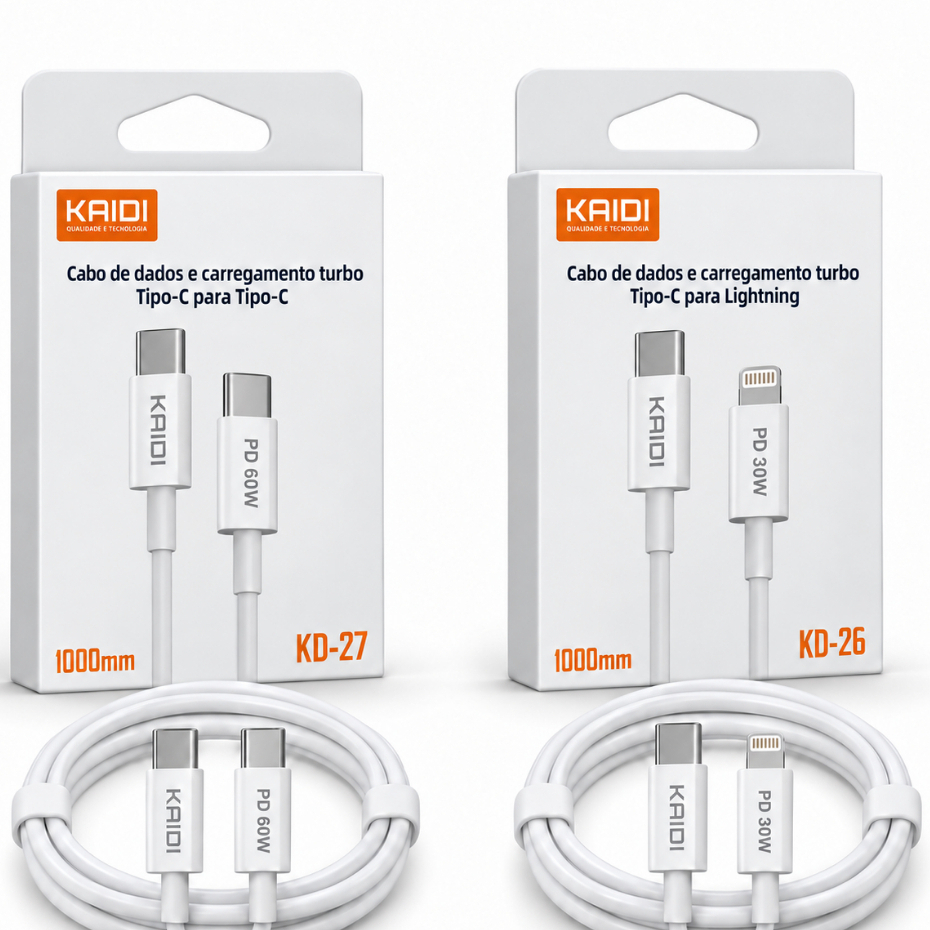 Cabo de Dados e Carregador Rápido Kaidi Tipo C x Tipo C ou Lightning 1m Turbo PD