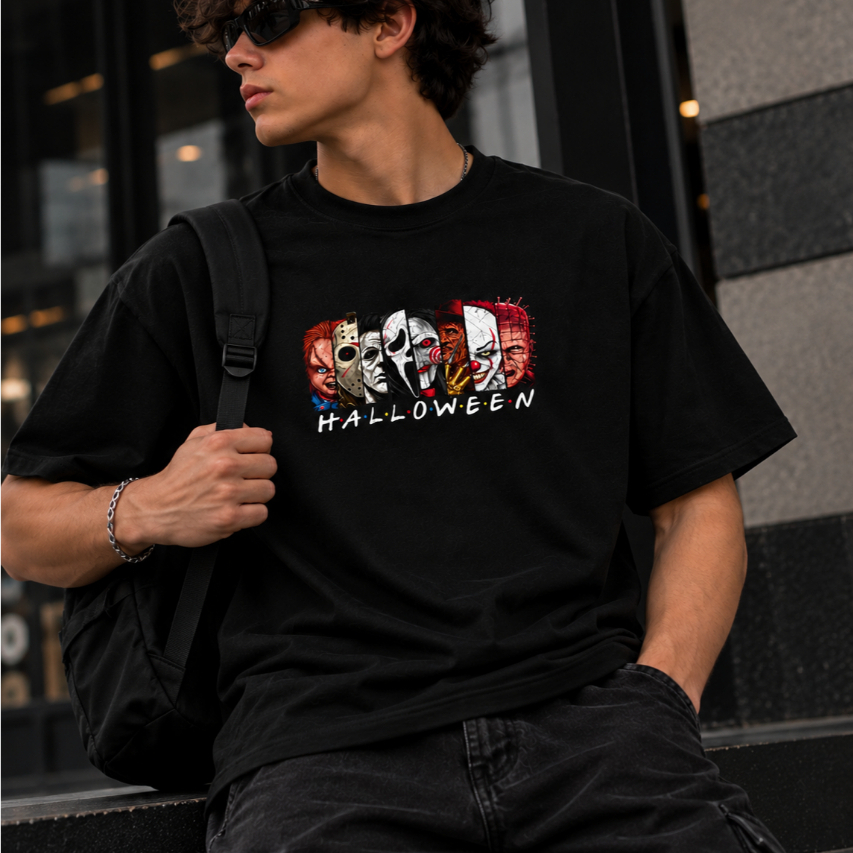 Camiseta Unissex Halloween Estampada Personagens de Terror Chucky Jason Ghostface Freddy Krueger Manga Curta