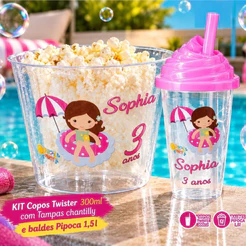 Copos e Baldes de Pipoca Personalizados Pool Party Lembrancinha Festa Infantil