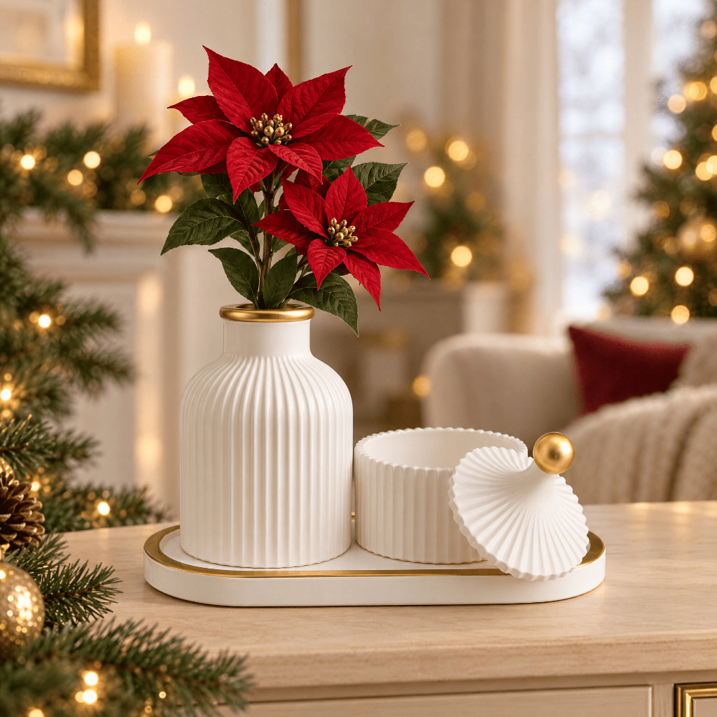 Conjunto de Peças Decorativas Natalina Branco com Dourado Vaso + Porta Joias + Bandeja Presente