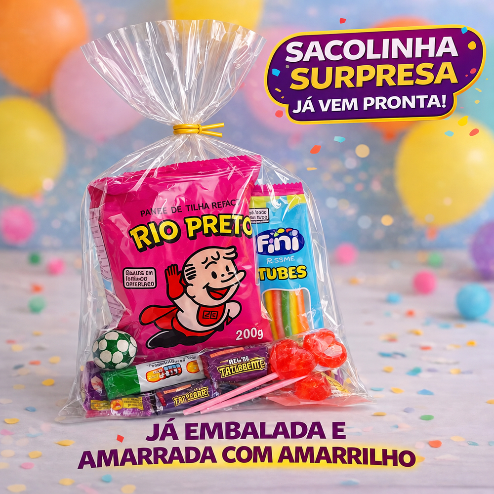 Kit 6 Guloseimas Rende 25 Sacolinhas Aniversário Infantil Surpresa Doces Bala Fini Chocolate