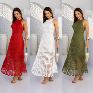 Vestido Feminino Midi Tricô Forrado Elegante Verão Festas Praia Casamento Formatura