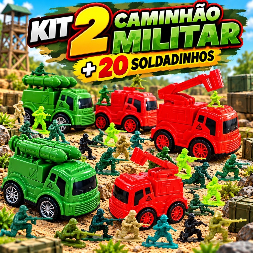 KIT 2 Caminhão Veículo Militar de Brinquedo + 20 soldado Soldadinhos Infantil Lembrancinha Prenda