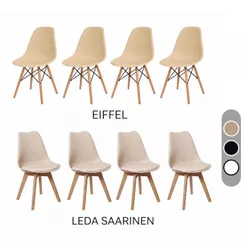 Kit 4 Cadeiras Eames Leda Eiffel Estofada e Sem Estofado Com Base de Madeira Jantar Charles Eames Saarinen