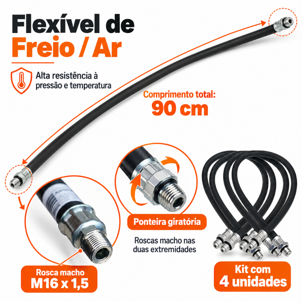 kit 4 Flexíveis da cuica 90cm M16x1,5 Randon Guerra Facchini — foto 2