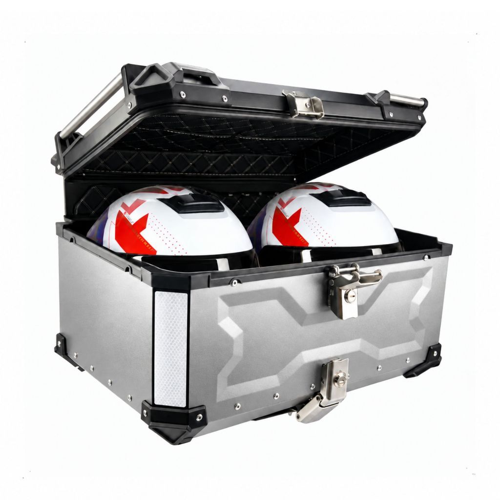 Bau Moto Prata Traseiro 65 Litros Universal ACM Aluminio Antiroubo Universal + Suporte + Encosto — imagem 2 de 2
