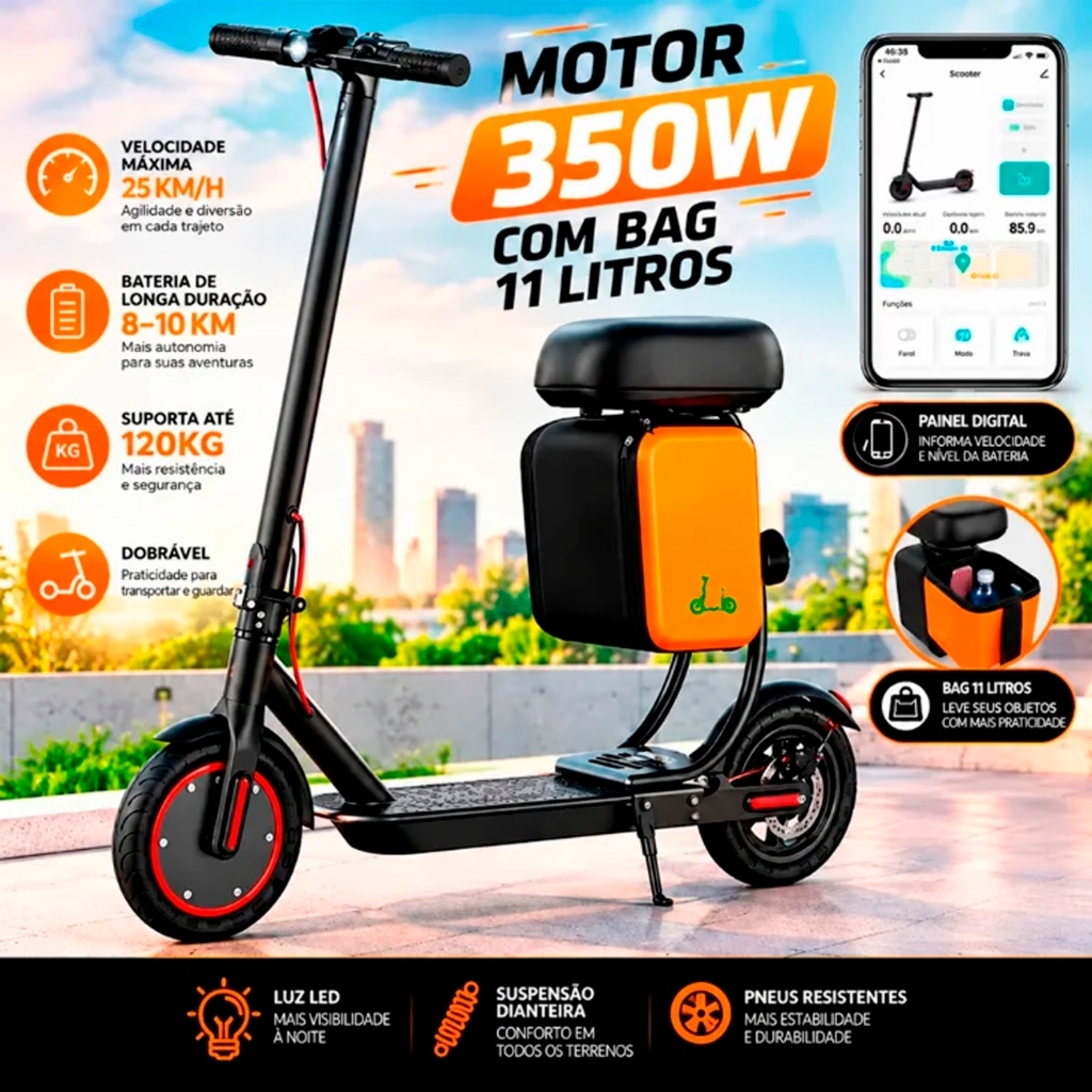 Patinete com Banco Elétrico Dobrável 350W | Autonomia 35KM + Velocidade 30KM/H | Suporta até 120KG