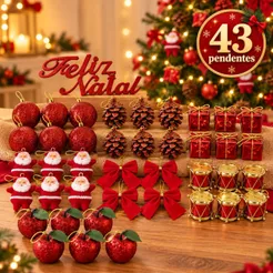 Kit 43 Enfeites De Natal de pendurar pendente para arvore bolinhas natalino Vermelho Dourado e Prata