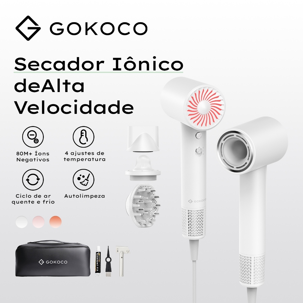 GOKOCO 3 em 1 Secador de Cabelo Alta Velocidade 80M Íons Negativos 4 Temperaturas Bivolt com Difusor