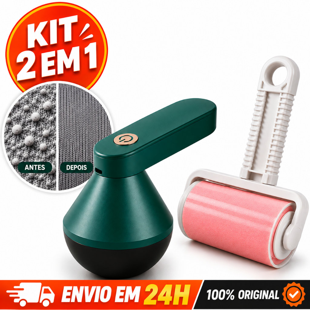 Kit Papa Bolinhas Elétrico Recarregável USB + Rolo Tira Pelos Lavável para Roupa Sofá e Pelo de Pet Cachorro Gato
