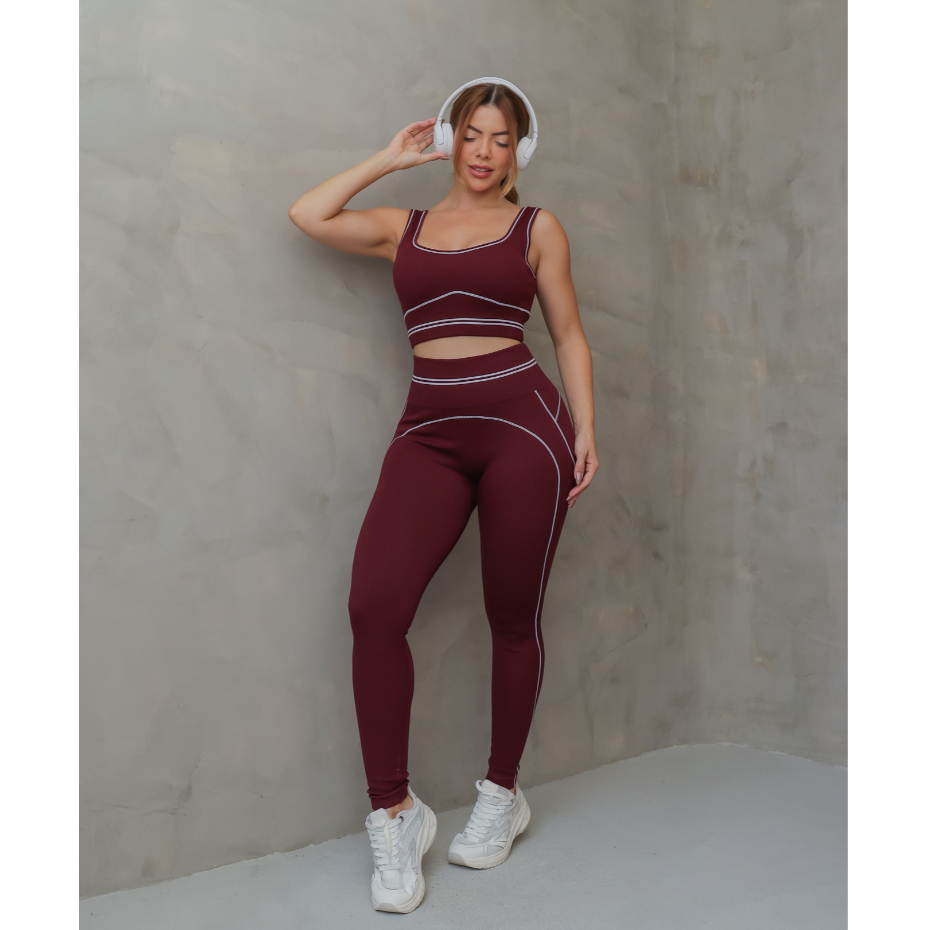 Conjunto Fitness Feminino Canelado Premium com Bojo Legging Cintura Alta Academia 3RD SD1862