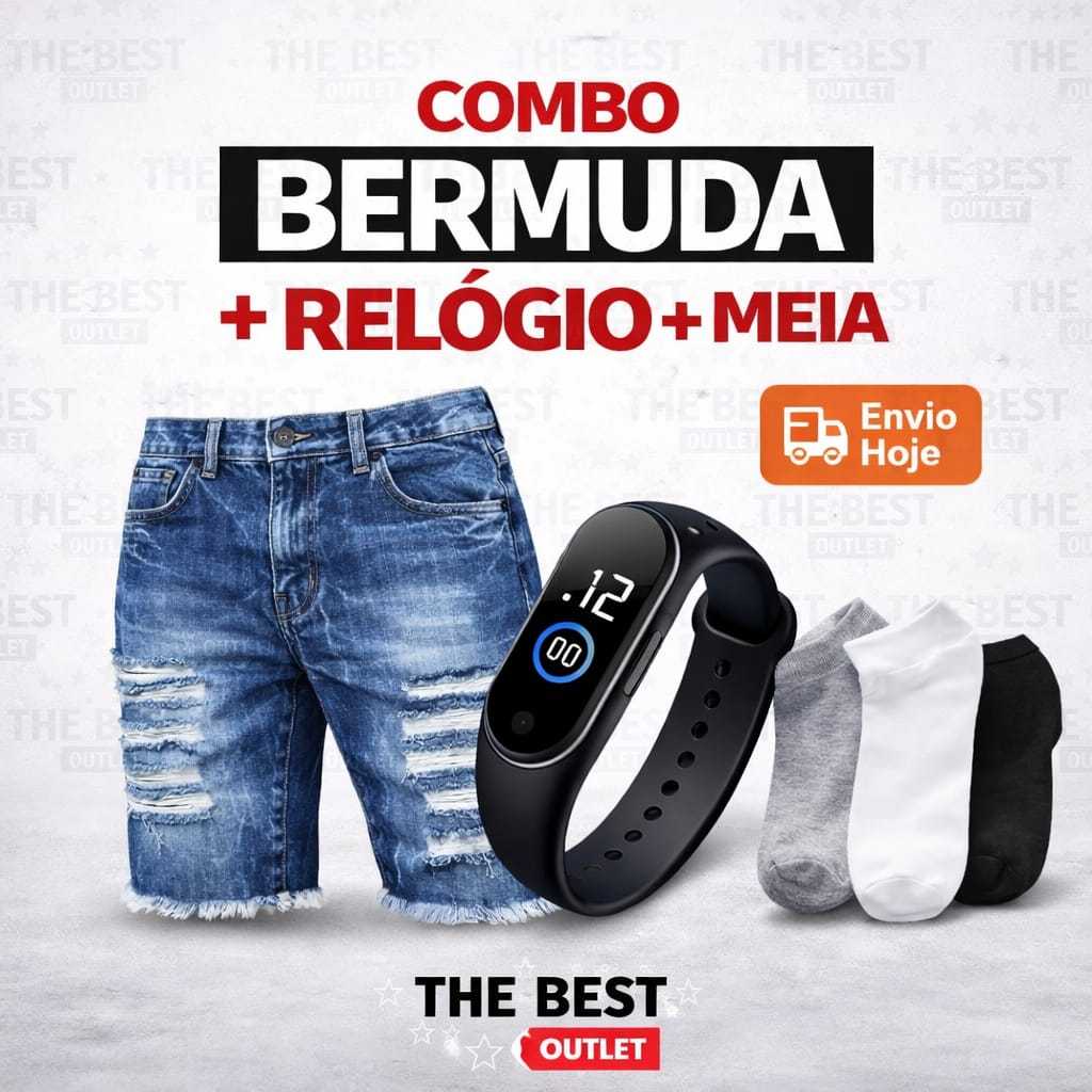 Bermuda Jeans Escura Rasgada + Relógio Digital Esportivo + Meia Masculina
